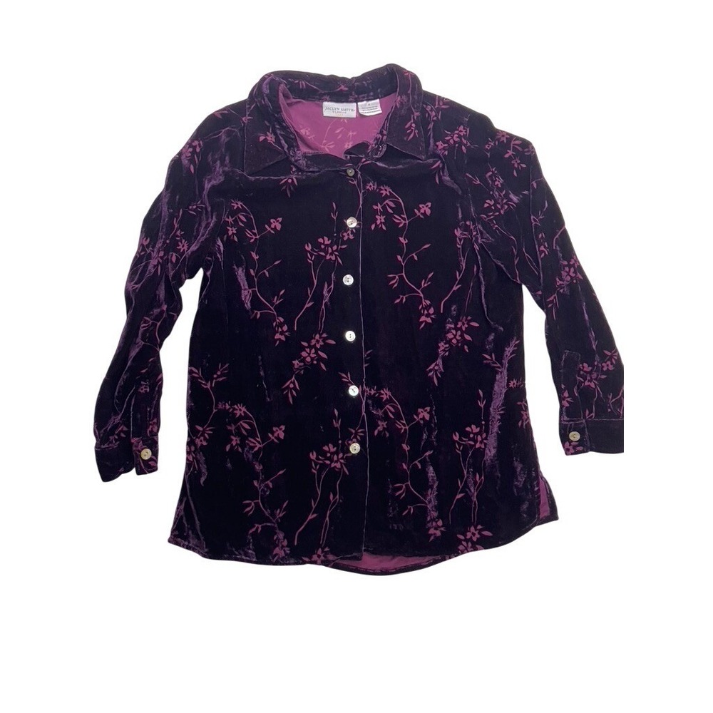 Jaclyn Smith Classic Plus Button Down Women X Purple Floral Velvet Burnout‎ Top